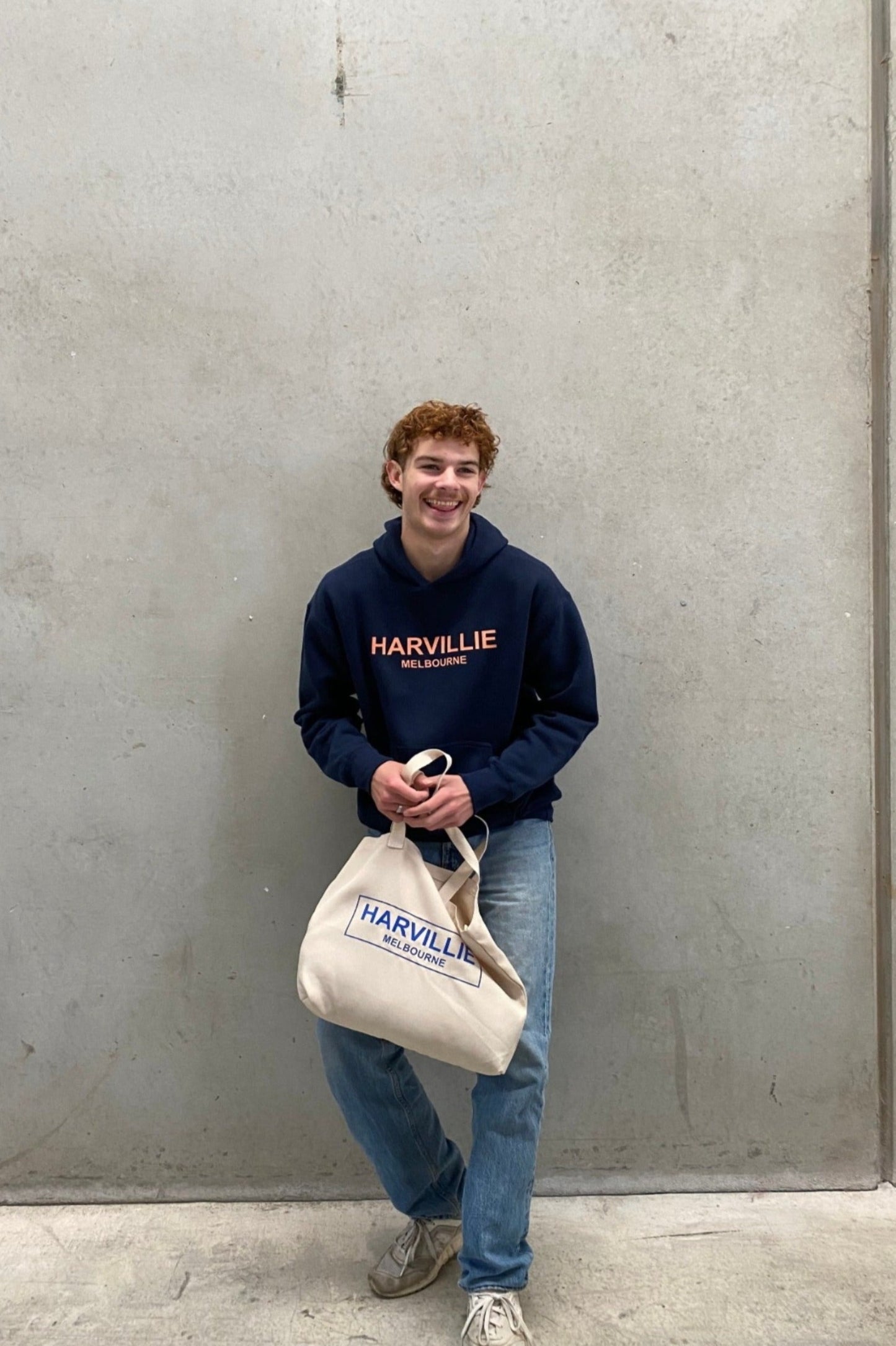 Navy Hoodie With Peach Print